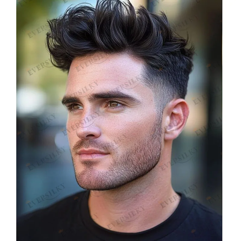 غير قابل للاكتشاف بني داكن نفاث شعر بشري أسود نظام شعري 6 بوصة طويلة سوبر متموجة الرجال السيليكون الشعر المستعار قاعدة الجلد البولي