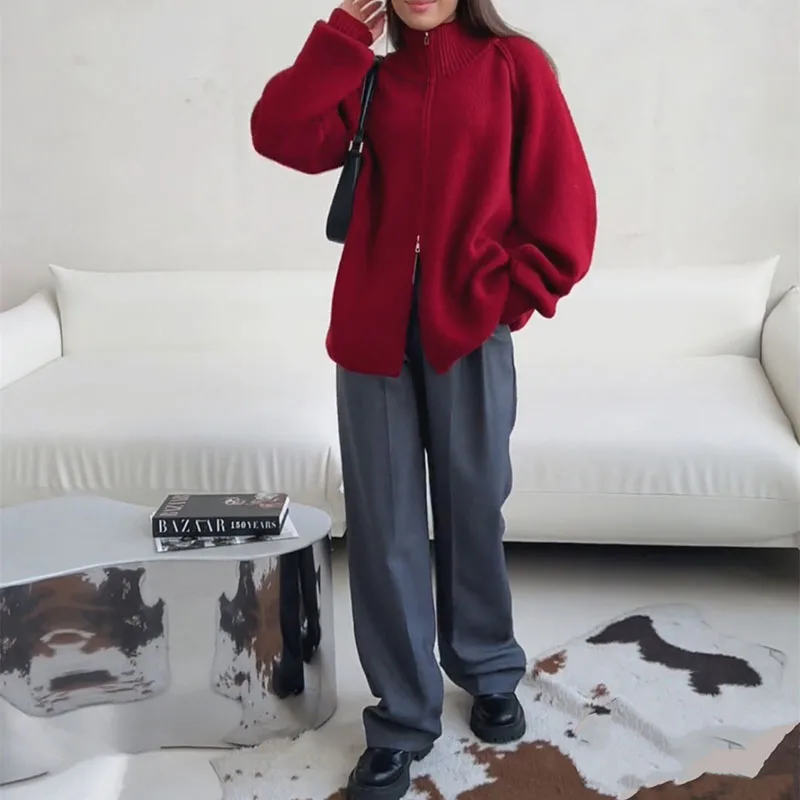 

Women's Fashion Zip Solid Color Outercoat Elegant Outercoat Long Sleeve Loose Cardigans Autumn Winter Casual Soft Knitted Coat