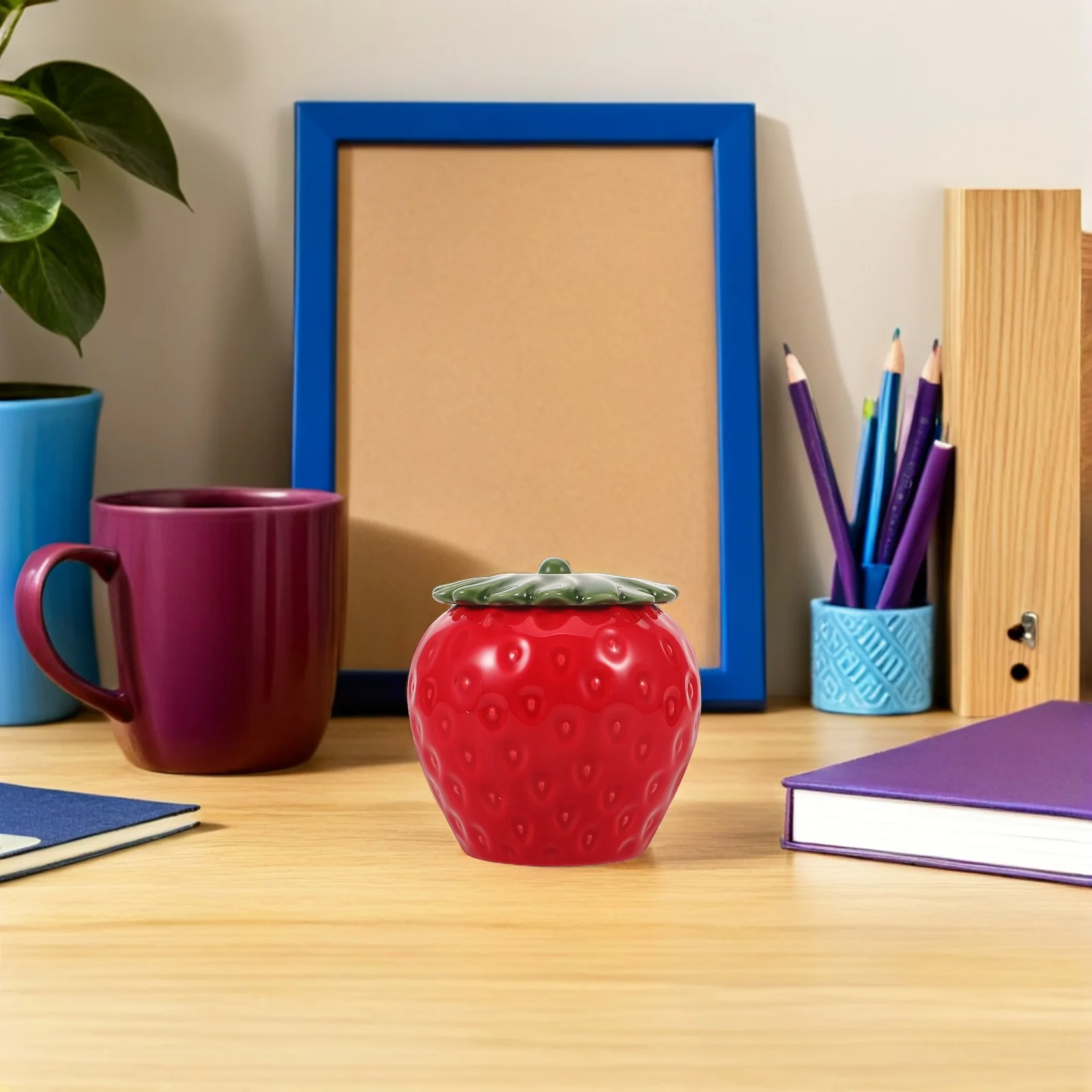 

Strawberry Ceramic Canister Airtight Lid Cookie Biscuit Treat Container Food Storage Jar Red Fruit Design Food Storage Jar