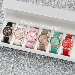 6PCS/Set Women's Quartz Fashion Roma Dial Watch Casual Leather Band Analog Wrist Watches（Without Box）