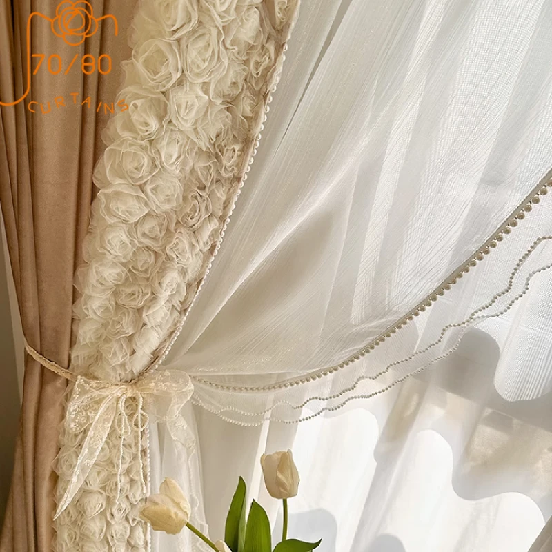 Princess Style Three-dimensional Rose Embroidery Splicing Pearl Lace Curtains for Living Room Bedroom French Window Customized