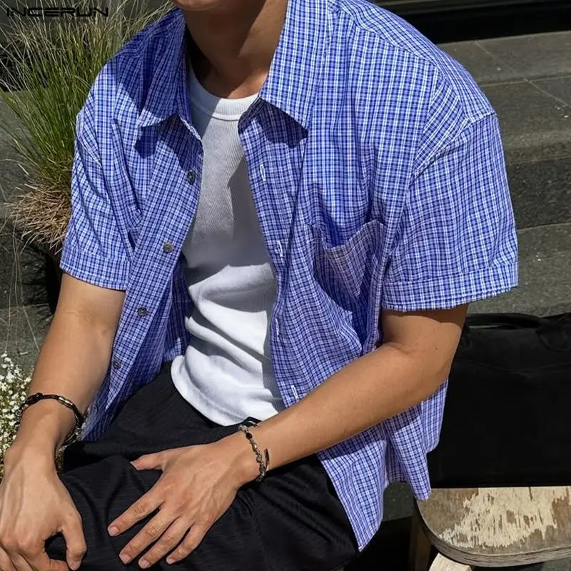 

Мужская рубашка INCERUN в клетку с отложным воротником, короткий рукав, свободный крой, повседневная мужская одежда, летний корейский стиль 2026, с карманами, модная, для отдыха, мужские топы