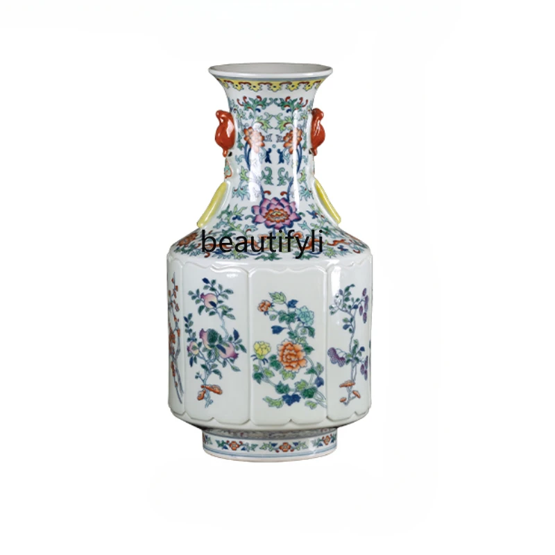 

Ceramic Vase Hand-Painted Chinese Style Binaural Color Porcelain Bottle Living Room Curio Shelves Porcelain Decoration