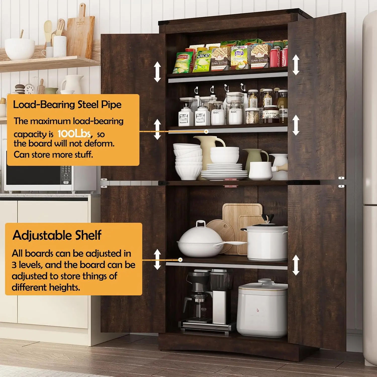 71in Farmhouse Kitchen Pantry Cabinet,Tall Storage Cabinet with 4 Doors and Adjustable shelves,with Load-Bearing, Customized