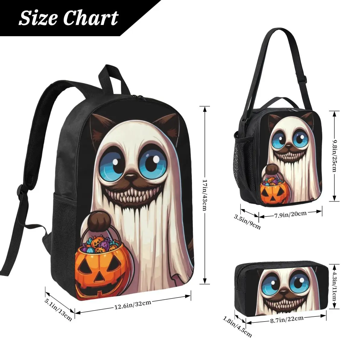 Siamese Cat Scary Halloween Ghost Spooky Pumpkin Candy Backpack BookBag School Bag  3ps Insulated Lunch Bag Pencil Case