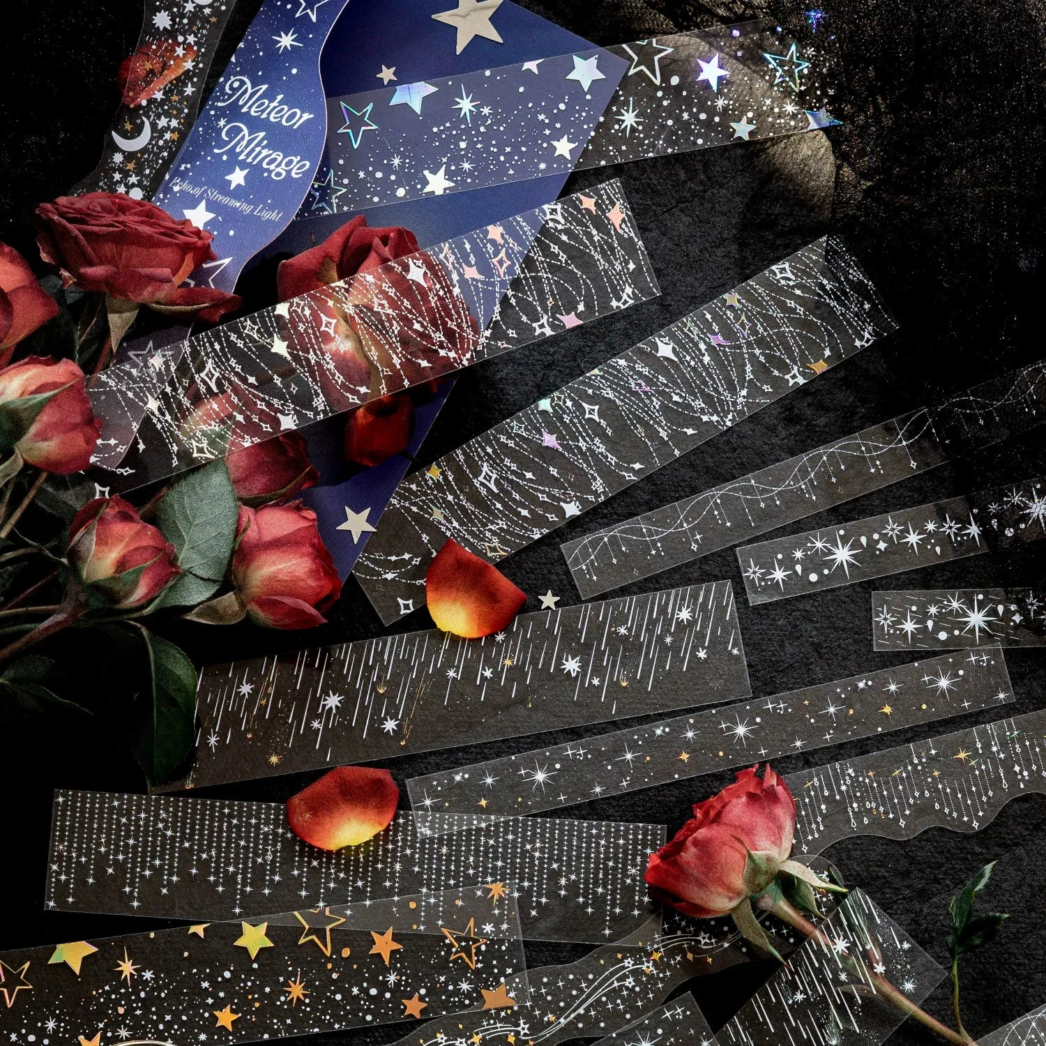 

20 шт. голографических золотых фольгированных ПЭТ-наклеек, длинные полоски-декали «Звездный метеорный дождь», эстетические принадлежности для скрапбукинга и ведения дневников