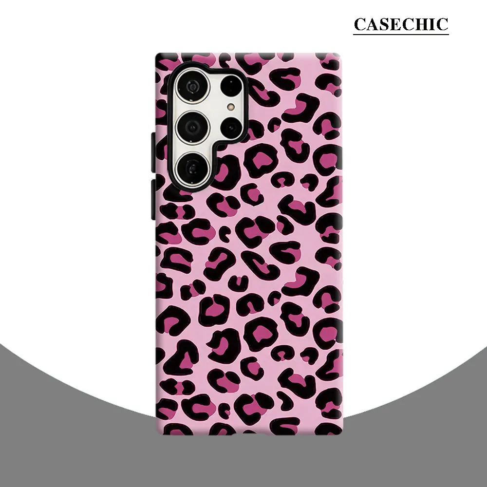 Pink Leopard Print Phone Case for Samsung Galaxy S26 S25 Ultra S24 S23 Ultra Plus Shockproof Double layer tough Back Cover
