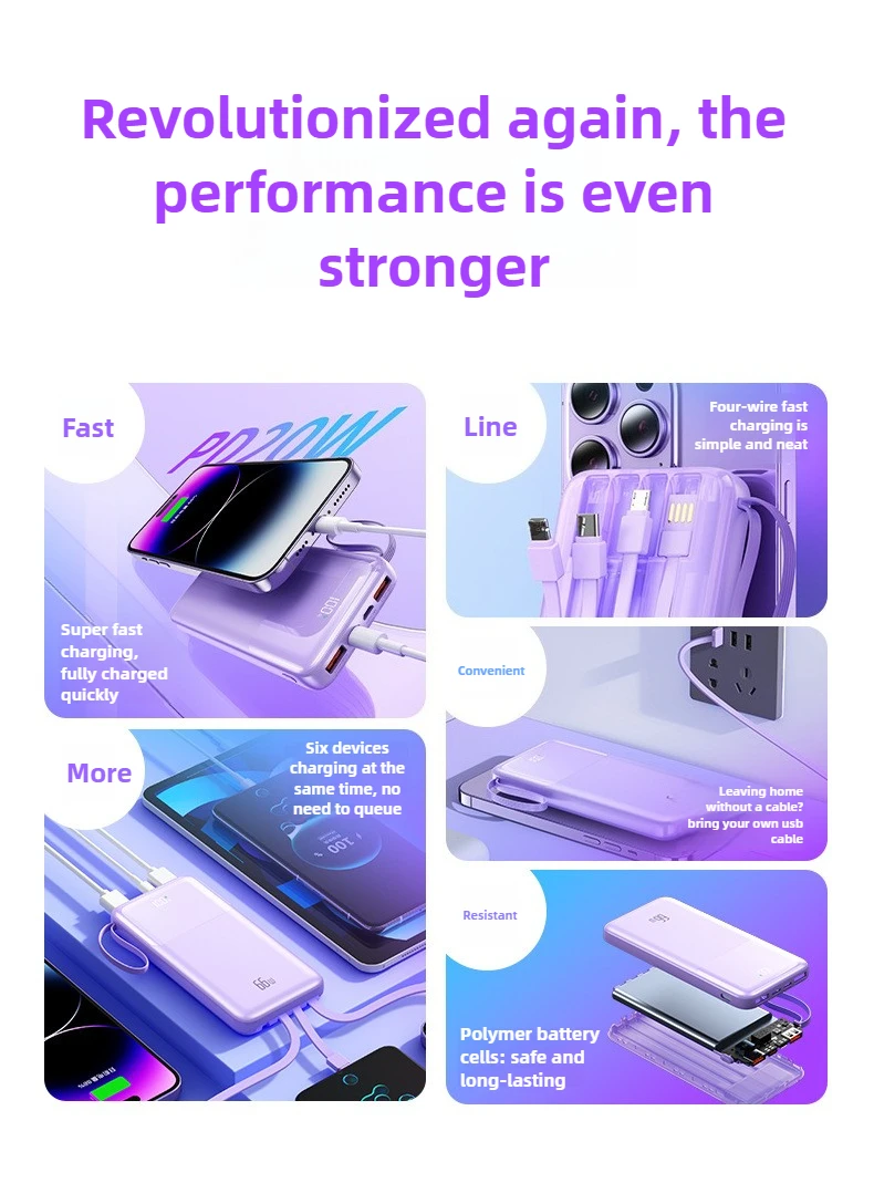 10000mAh Mobile Power Bank Cabos embutidos 66W Carregamento super rápido para iPhone para Xiaomi para Huawei para Samsung para IPad