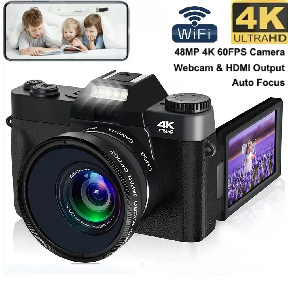 4K Digital Camera For Photography and Video Auto focus Anti-Shake 48MP Compact Vlogging Camera 3' '180°Flip Screen with Flash