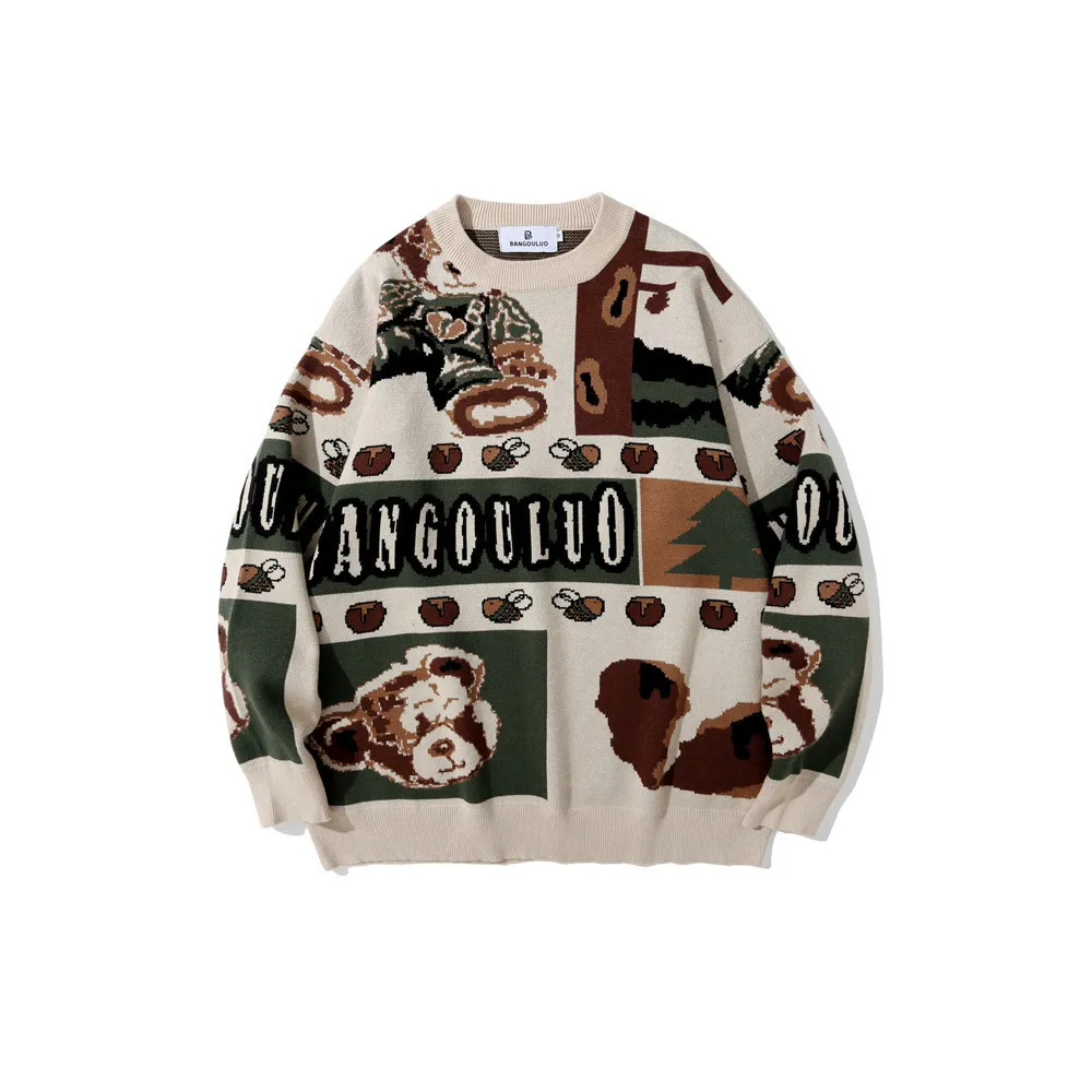 

Men's European and American retro jacquard knitted sweater loose round neck colorblock knitted sweater long sleeves