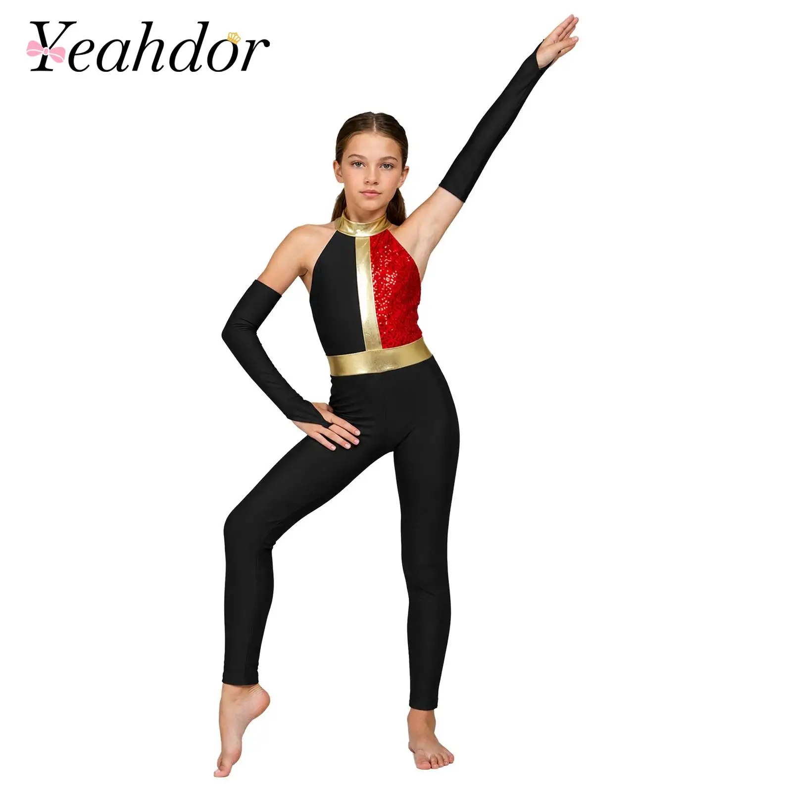 Kids Girls Sequin Patchwork Dance Jumpsuit Halter Sleeveless Bodysuit with Gloves for Gymnastics Stage Performance Costumes