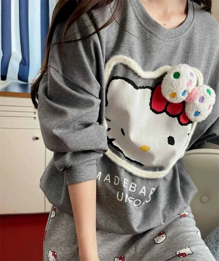 Kawaii Sanrio Hello Kitty Girl Pajamas Suit Long Sleeved Set Autumn Winter Cute Woman Dress Clothes Lady Nightgown Birthday Gift