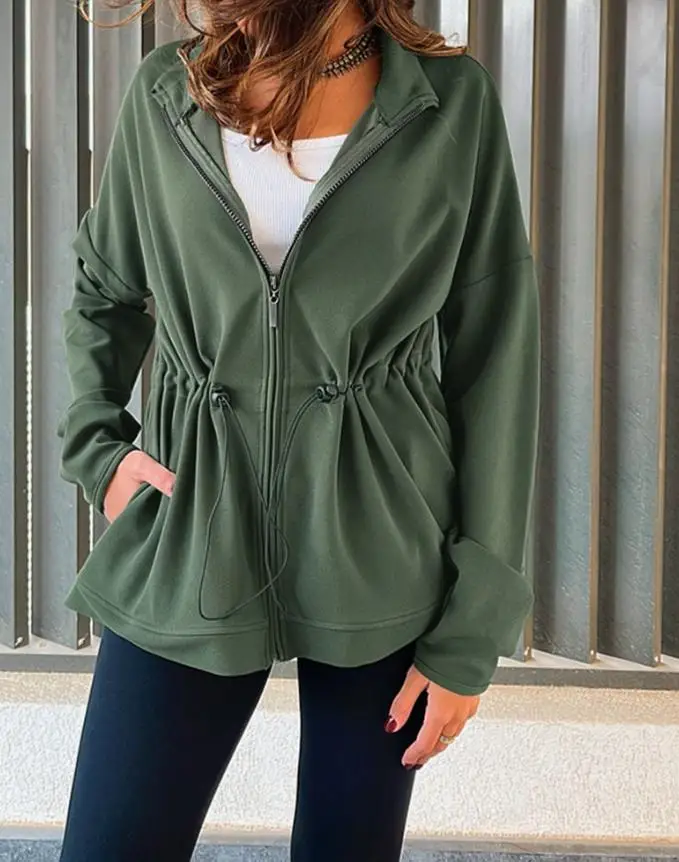 Women's Jacket 2025 Spring Autumn New Solid Color Long Sleeve Waist Drawstring Hooded Coat Casual Loose Fit Cardigan Jacket