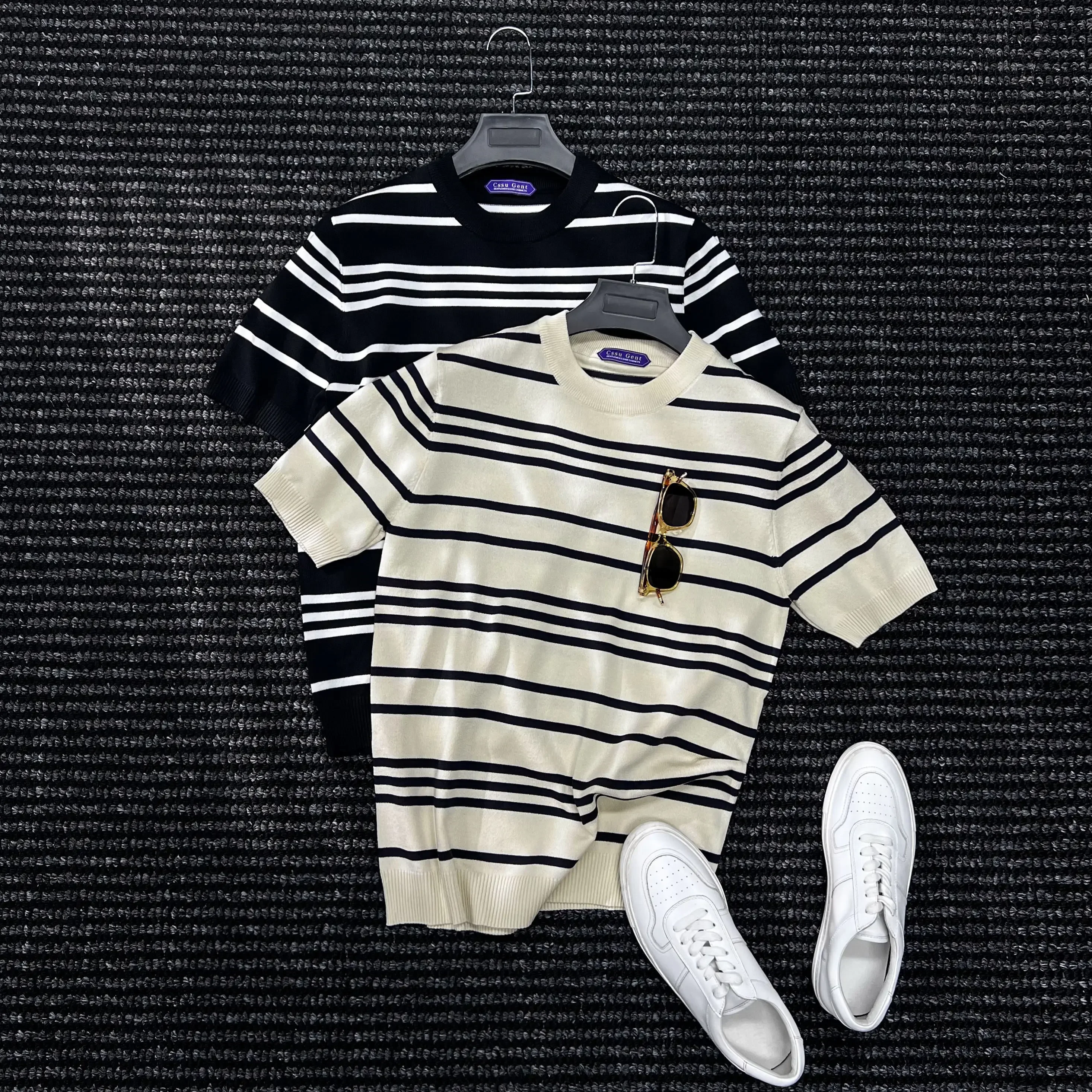 Design aesthetics classic high-end ice silk striped short-sleeved knitted T-shirt men's casual versatile breathable shirt
