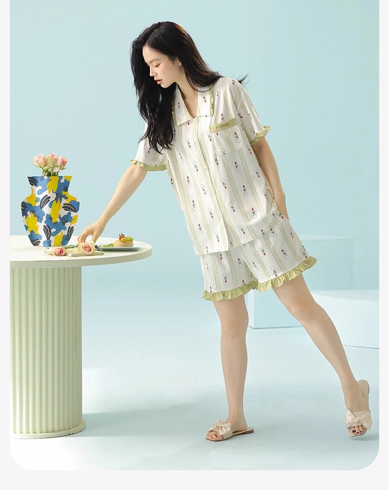 M-5XL Women's Summer Cotton Sweet Flower Print Short Sleeve Turn-down Collar Pajamas 2025 Ruffles Shorts Cute Loungewear Set