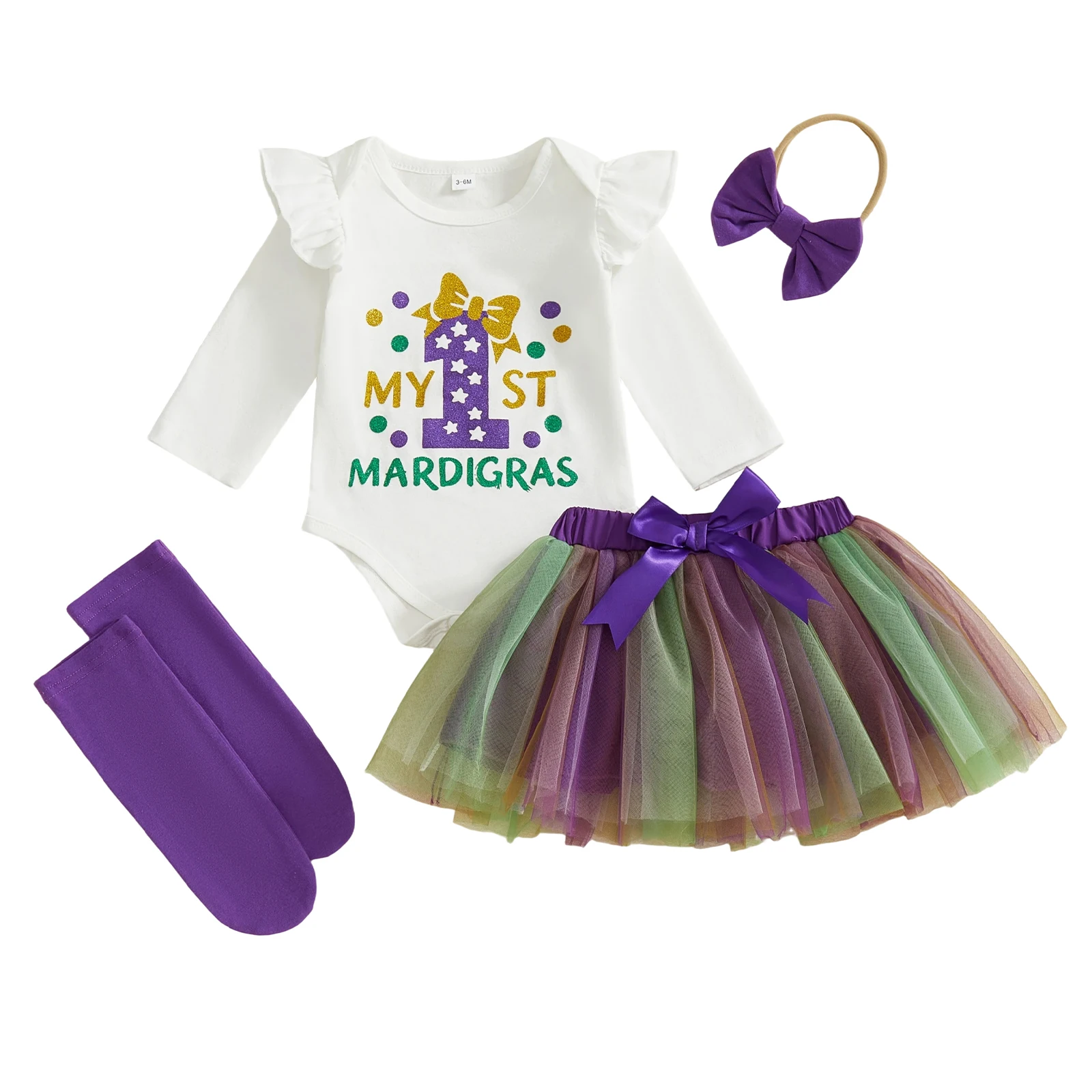 

Наряд First Mardigras для маленьких девочек, блестящий комбинезон с длинными рукавами и буквами, контрастная тюлевая юбка, повязка на голову с бантом и чулки, комплект из 4 предметов