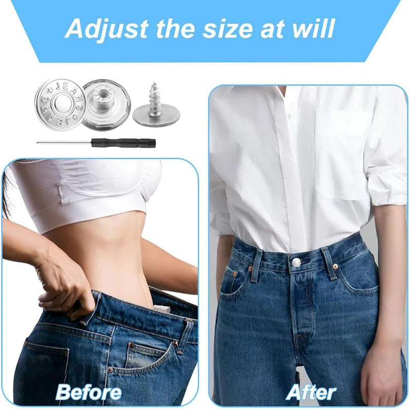 10Pcs Metal Jeans Button 17mm Adjustable Detachable Jeans Button Replacement No-Sewing Screw Button Repair Kit with Screwdriver