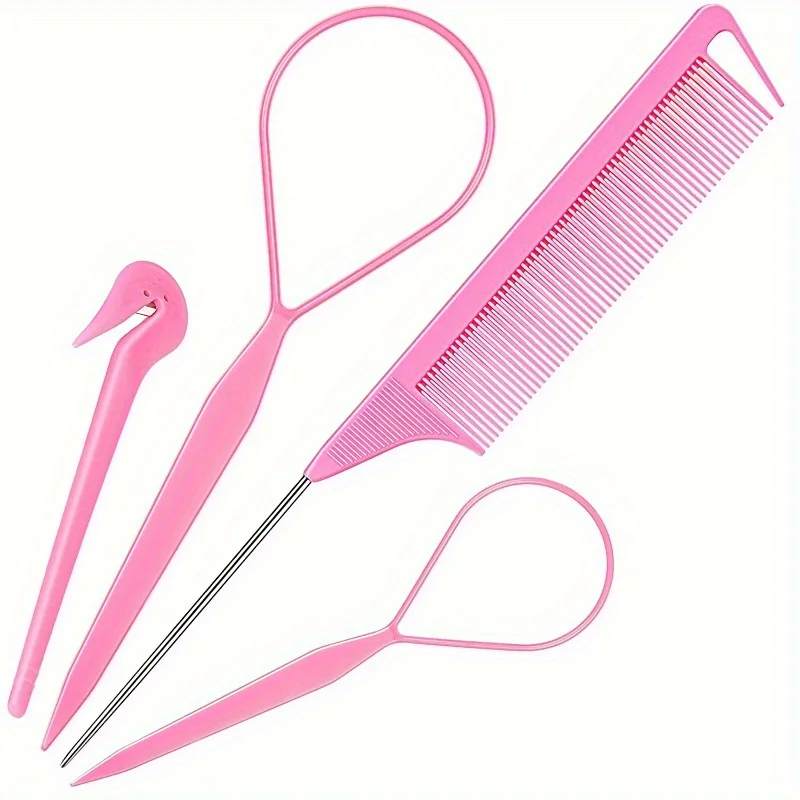 4pcs/Set Hair Loop Tool Set 2pcs French Braid Tool Loop 1pc Rat Tail Comb 1pc Elastic Hair Rubber Bands Remover Cutter