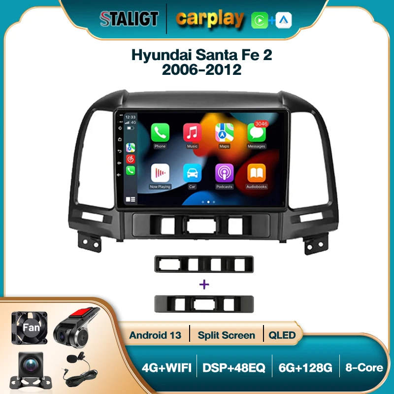 

2Din Android For Hyundai Santa Fe 2 2006-2012 Carplay Android Auto Wireless Car Radio Player Multimedia Audio Car 9inch Video