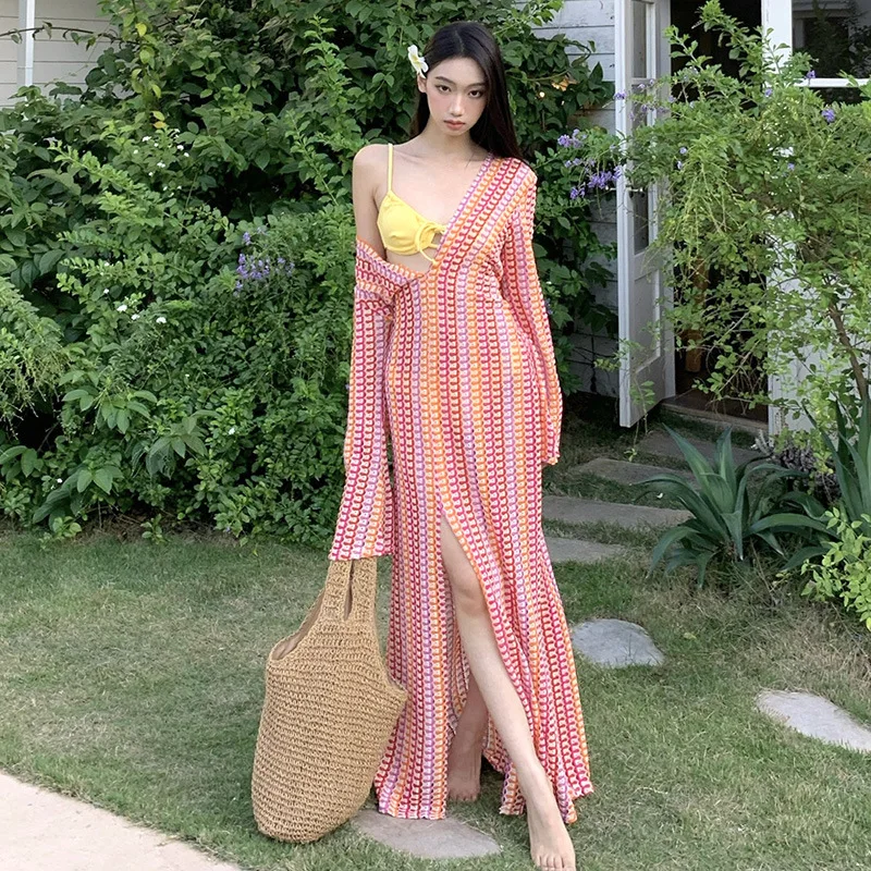 

Новый вязаный купальник-бикини 2026 года в богемном стиле для отпуска, с эффектом похудения, защитой от солнца и платьем-накидкой