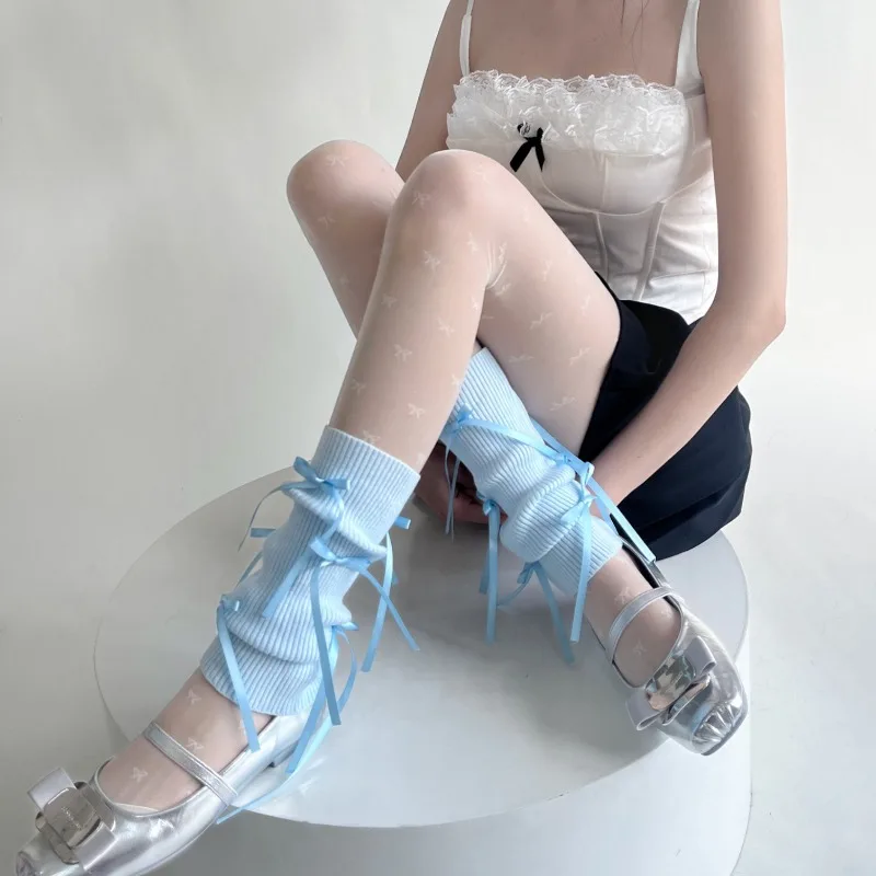 Spring Fall Candy Color Leg Warmers Korean Ballet Sweet Bowknot Ruffle Boot Cuffs Pastel Pink Blue Footless Tights for Girls
