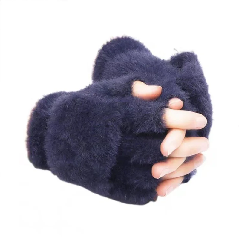 Winter Flip Women Gloves Cute Warm Knit Fleece Half-Finger Clamshell Kawaii Gloves for Female Students Writing Plush Gloves