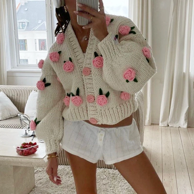 Vintage Knitted Cardigan 3D Flowers Button Closure Long Sleeve Knitwear Jacket Coats Women Autumn Y2K Aesthetic Cottage Sweater