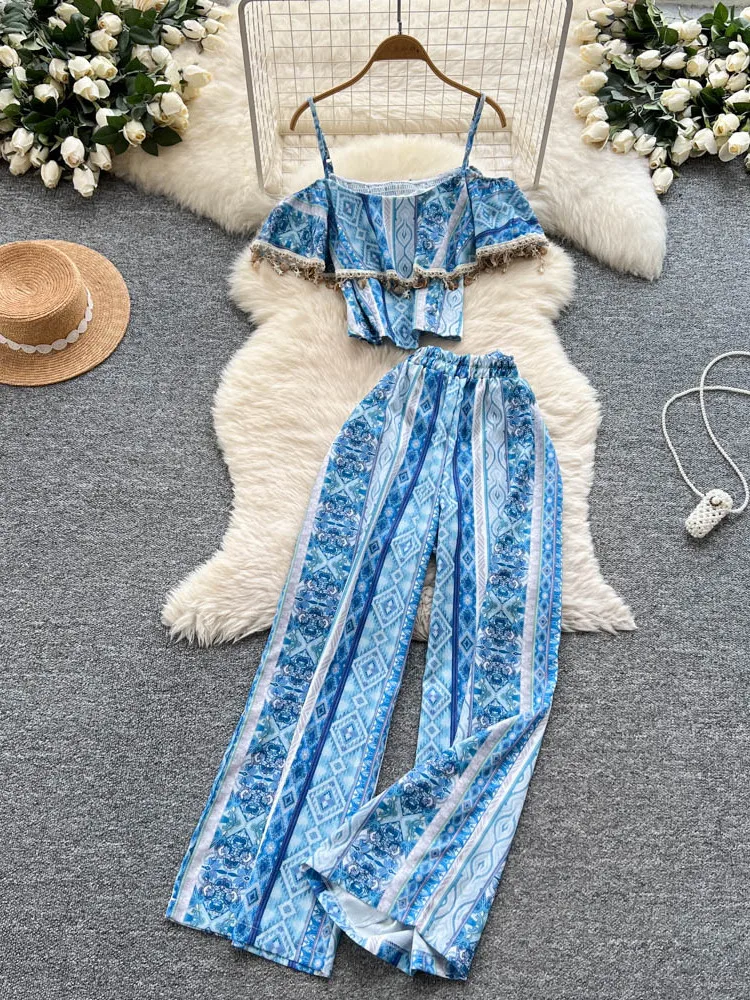 Retro Ethnic Sle Ruffle Hem Svel Vest Top + Elastic Waist Wide Leg Slimming Pants Women's Summer Faion Set