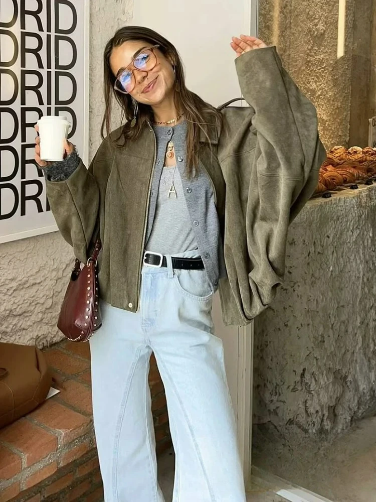 سترة KONDALA أنيقة غير رسمية للنساء بسحاب وياقة مقلوبة وأكمام طويلة معاطف قصيرة فضفاضة موضة 2025 سترات للربيع والصيف