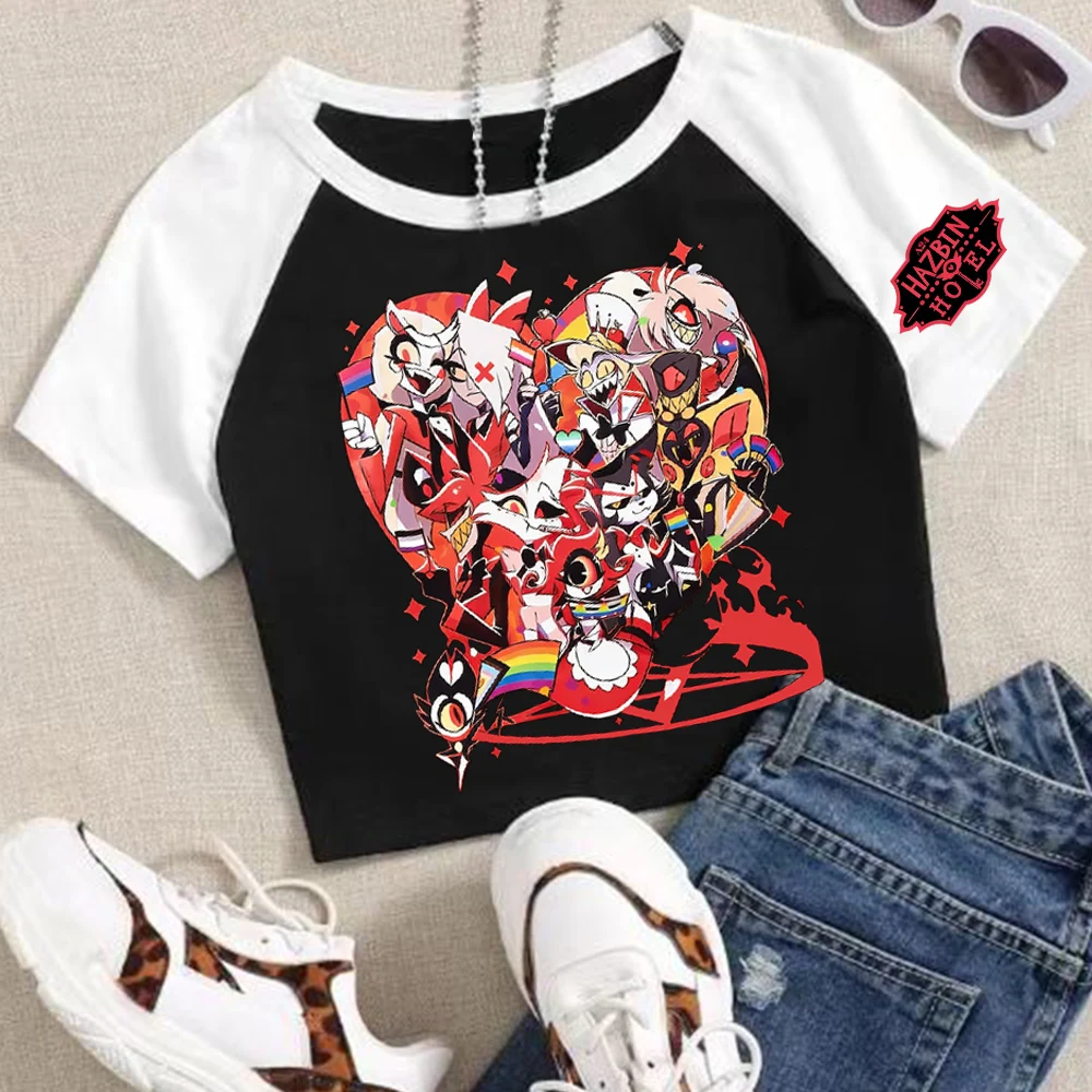 

Funny Movie Hazbin Hotel Graphic Crop Tops T-Shirt Girls Fashion Women O-Neck Short Sleeve