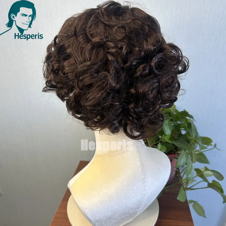 ヘスペリス男性用人毛ブラウンウィッグプレスタイルカーリーフルレースウィッグ男性用ハンサムコスプレ人毛ウィッグ接着剤不要ブラウンヘア
