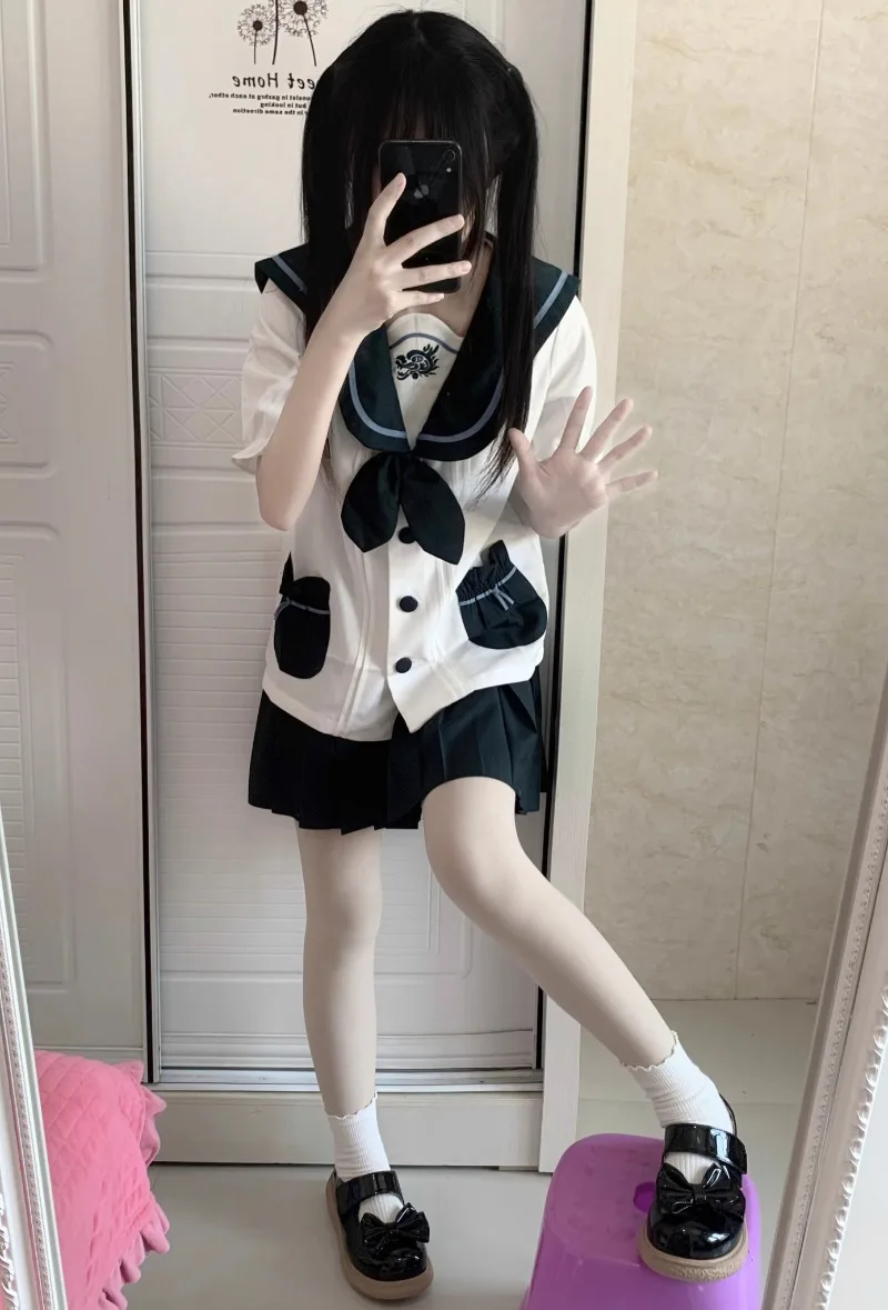 New Japanese Style JK Uniform Outfits Spring Summer Cartoon Cute Sweet Short Sleeves Top And Skirt Solid Color Sailor Suit Women