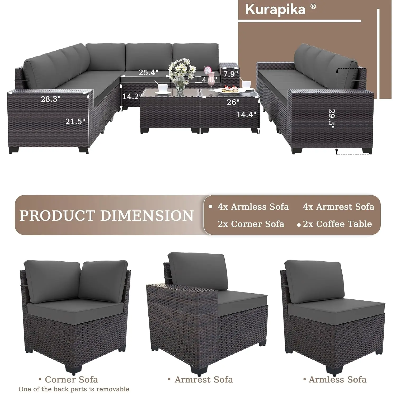 Rattan Wicker Patio Furniture Sofa Set 4 Inch Cushion Glass Coffee Table Outdoor Conversation 12 Pieces Grey, Customized