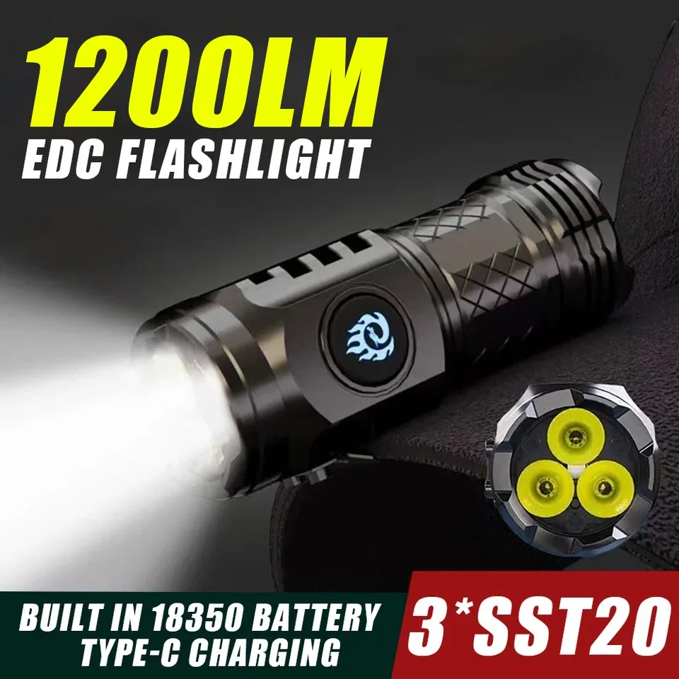 1200LM New Powerful Mini LED Flashlight Built-in 18350 Battery Type-C Rechargeable Super Bright Torch Portable Camping Lantern