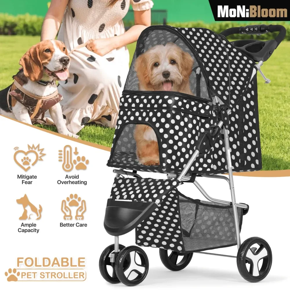

3 Wheels Pet Dog Cat Stroller For Small Medium Dogs Cats, Foldable Jogger Stroller W Storage Basket And Cup Holder