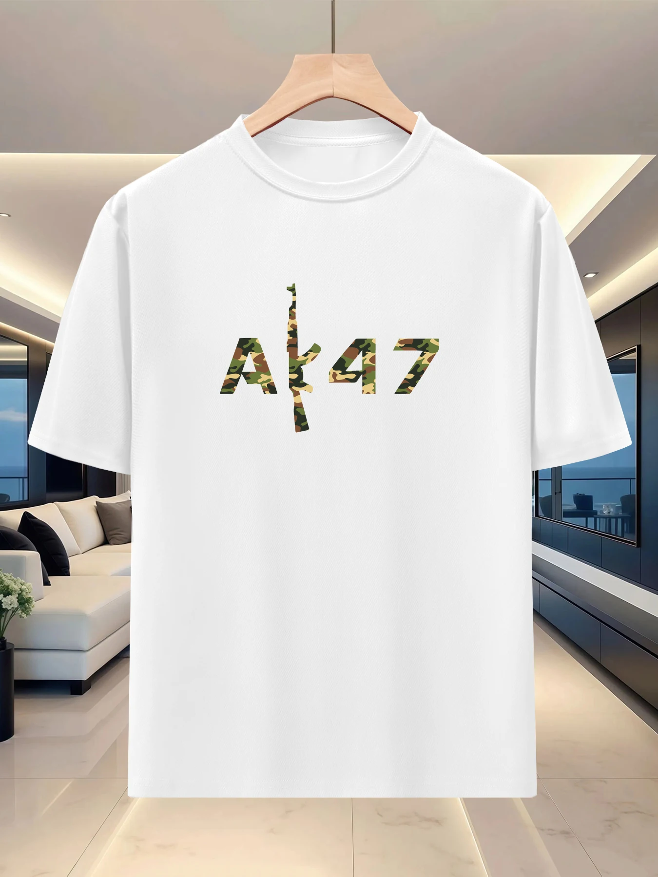 Men's round-neck short-sleeved T-shirt - Summer relaxed style - Fun design with gun pattern print - Versatile round-neck top