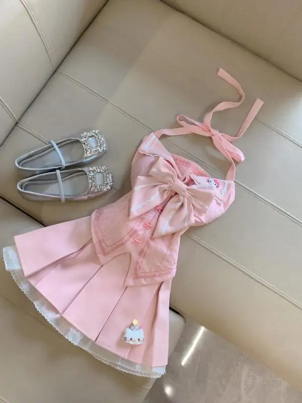 صيف جديد رغبة نقية لطيف عقدة معلقة Ne التخسيس أعلى عالية الخصر مطوي ort تنورة قطعتين مجموعة النساء #1