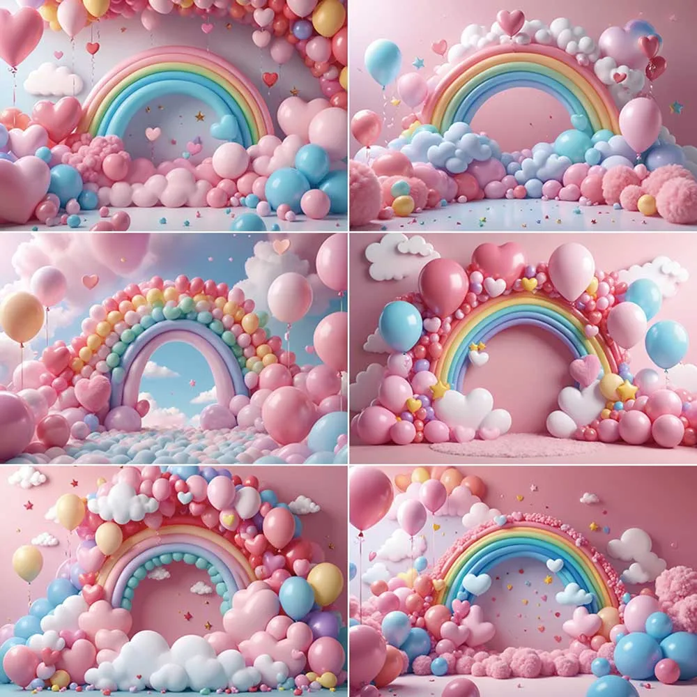 

MOON.QG Children Balloons Birthday Party Photocall Backdrop Rainbow Cloud Decoration Background Custom Photography Shooting Prop