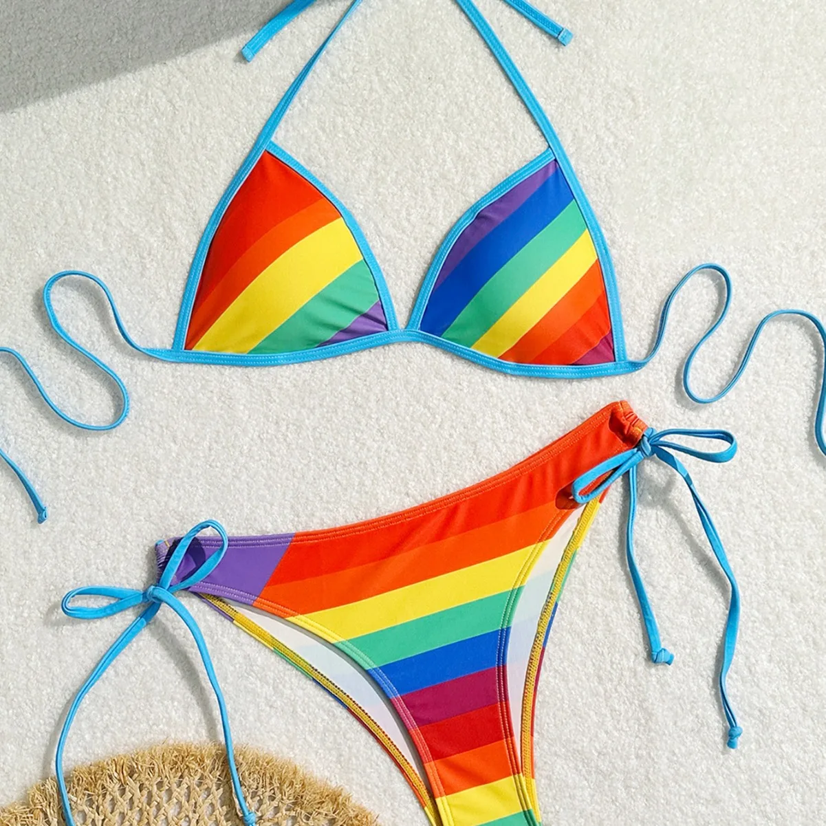 Seksowne tęczowe paski Halter Strappy Bikini damski strój kąpielowy damskie stroje kąpielowe dwuczęściowy zestaw bikini kąpiący strój kąpielowy pływać