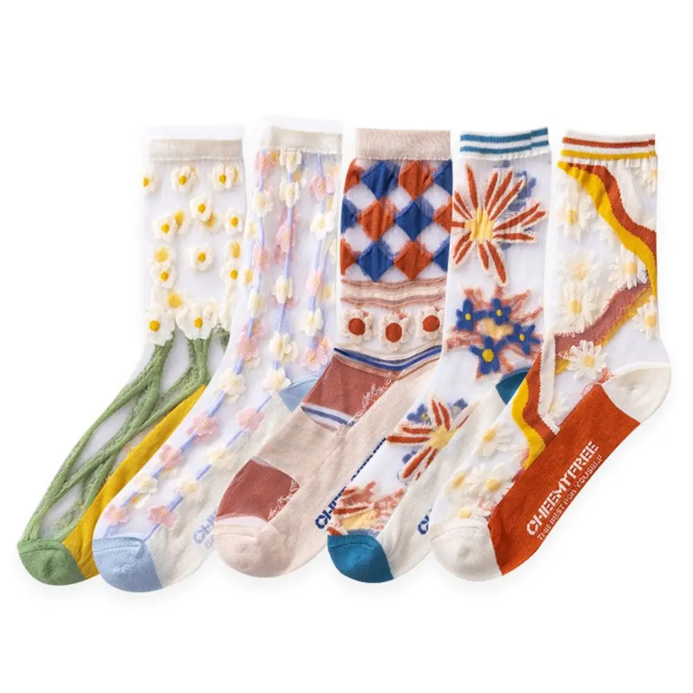 5Pairs Mesh Transparent Flower Socks Glass Silk Ins Style Tulle Mid Tube Socks Female Hosiery Breathable Sweet Socks Women Girl