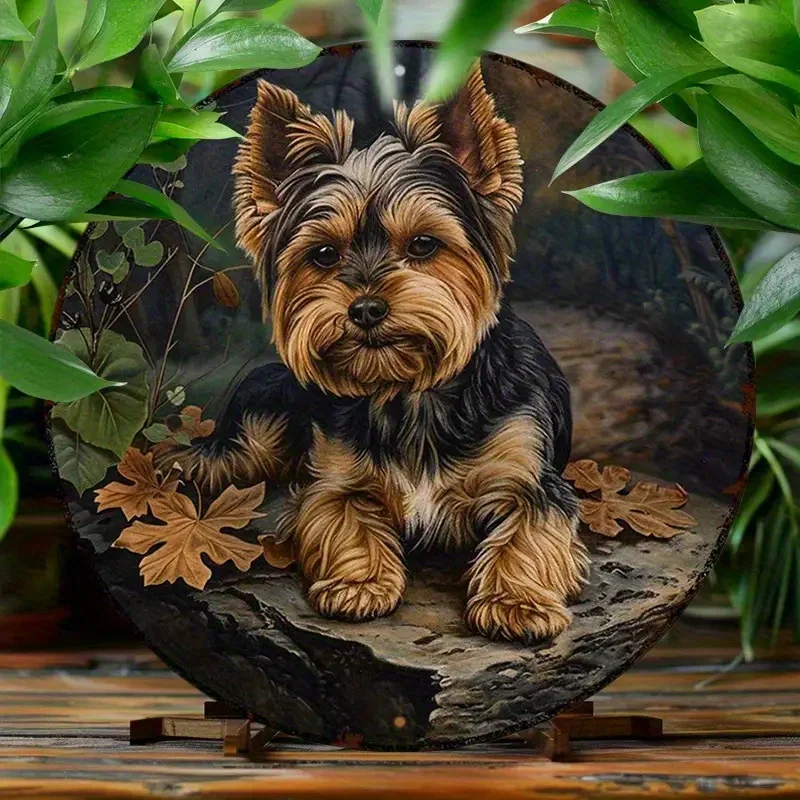 2D Flat - 2D Aluminum Art Decor Set Yorkshire Terrier, Waterproof And UV Resistant Round Sign with Pre-Drilled Holes - Ideal for