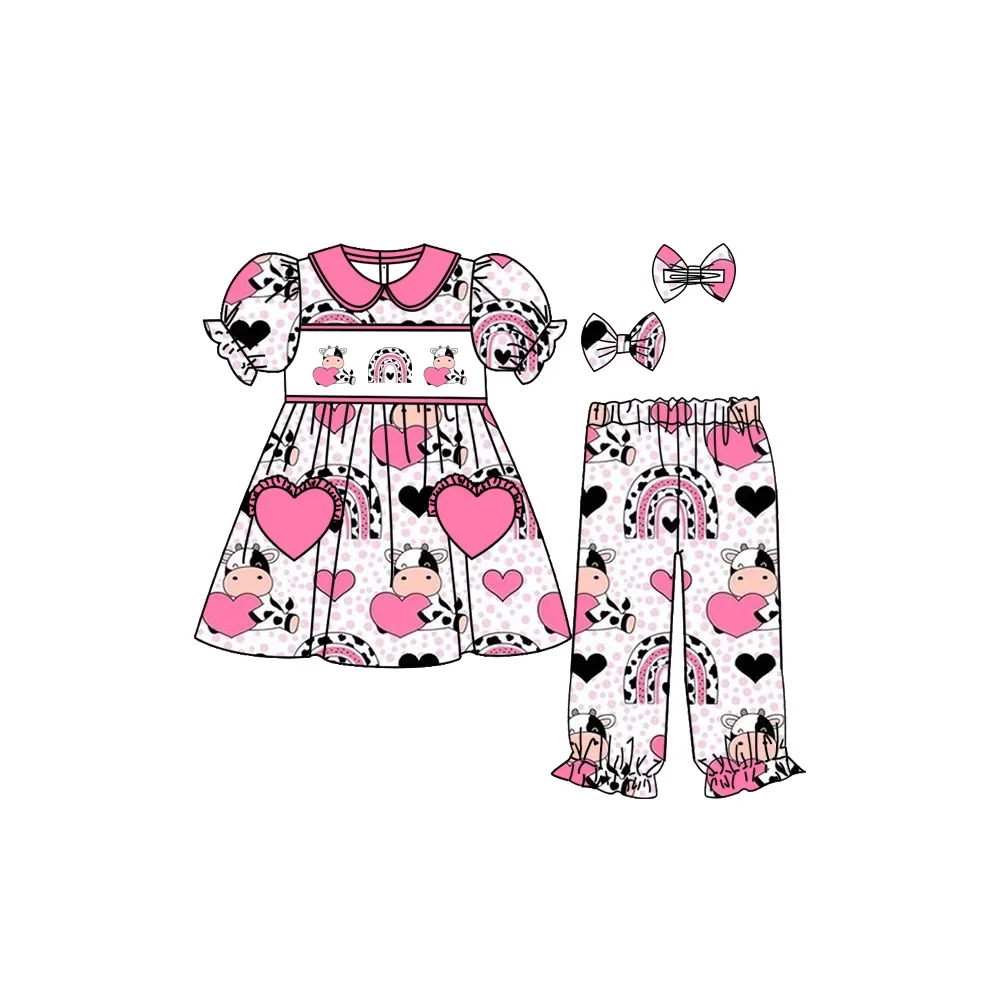 New Baby Girls Valentine's clothes cartoon rainbow cows print wholesale toddler farm not smocked girls night gown sets