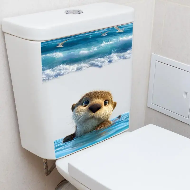 Cute Sea Otter Ocean Wave Toilet Sticker Self-Adhesive Removable Waterproof Decal for Housewarming Gift Decor