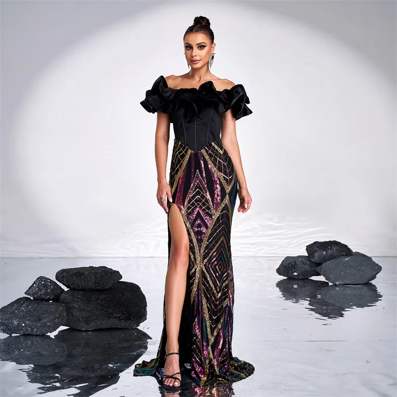 

Off The Shoulder Printing Women Dress High Split Lace Up Evening Skirt Elegant Black Sheath Slim Party Gown New Design In Stock