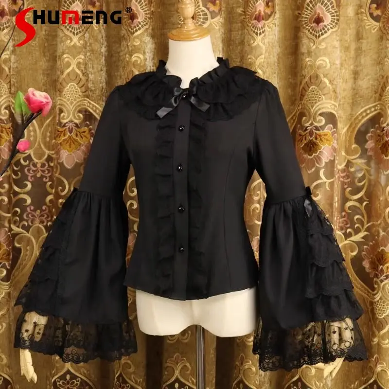 

Японская блузка в стиле Лолита из серии Mine: кружевная, приталенная, с длинными рукавами, шифоновая, с рукавами-фонариками, однобортная, женская.