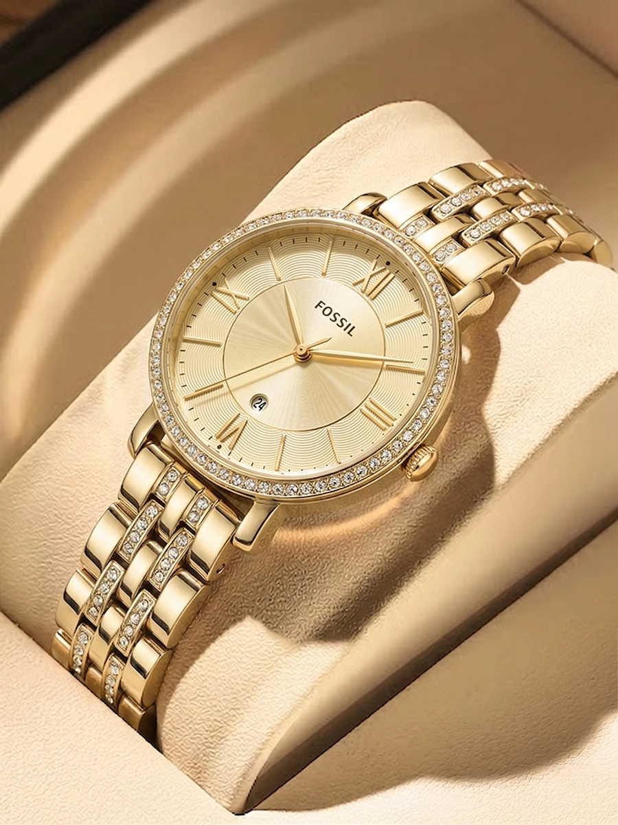Reloj de cuarzo para mujer Fossil Jacqueline ES3547, tono dorado, acero inoxidable, bisel de cristal, esfera color champán, elegante reloj de pulsera para mujer