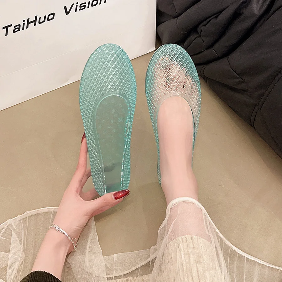 New Clear Jelly Sandals Women's Flat Bottom Closed Toe Transparent Grid Sandal Woman Indoor Outdoor Summer Beach Shoes Hollowed view 4
