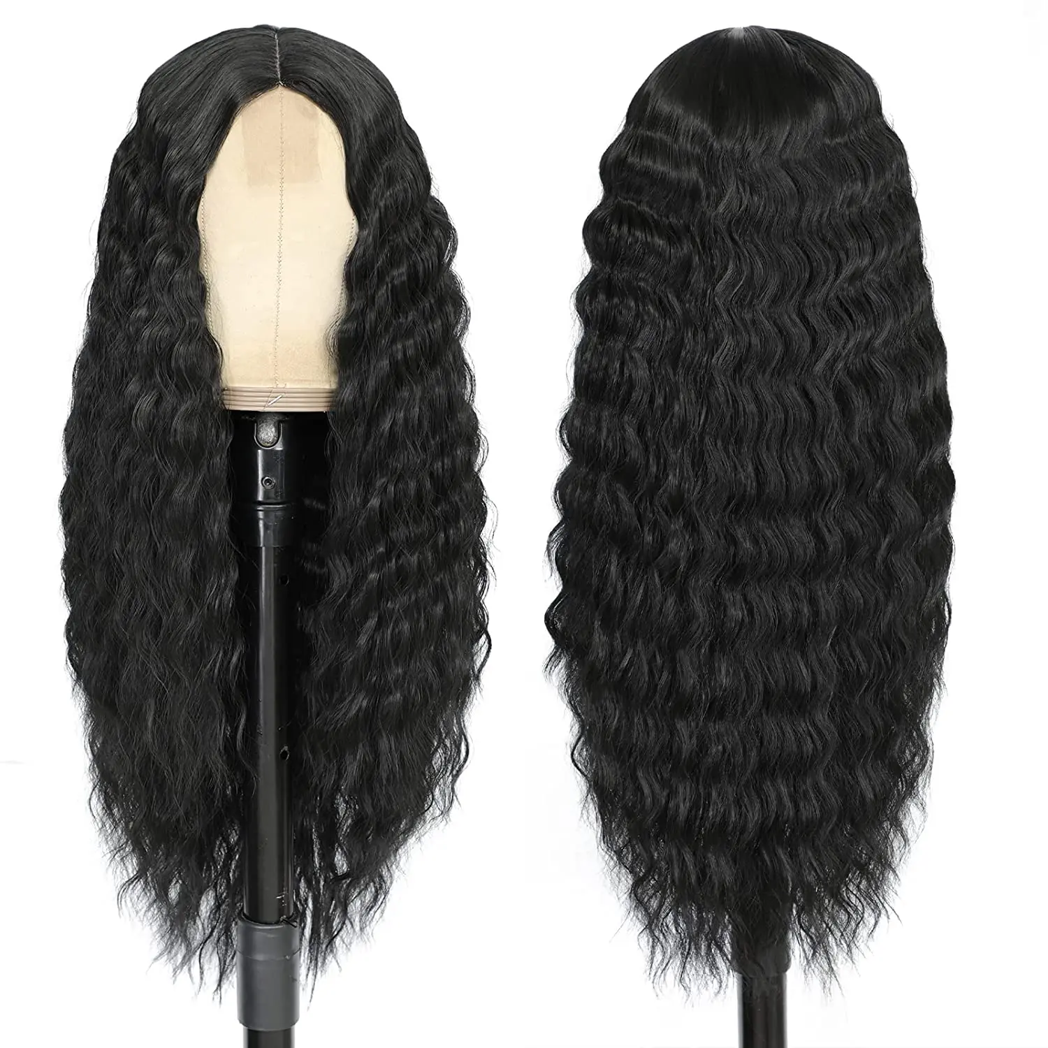 Wig Keriting Sintetis Panjang Wig Hitam Gelombang Dalam untuk Wanita 30 Inci Wig Gelombang Hitam Panjang Bagian Tengah Wig Renda Kulit Kepala Palsu Alami