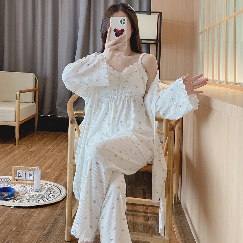 Fdfklak 3Pcs/Set 100% Cotton Pregnancy Pajamas Long Sleeve Sleepwear Suit Spring Autumn Nursing Pregnant Woman Breast Feeding