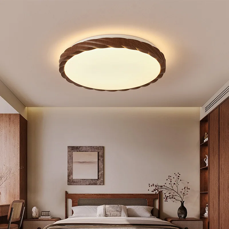 Modern Minimalist Retro Walnut Wood Grain LED Ceiling Light for Study Bedroom Living Room Dining Room Kitchen Decoration Lamps